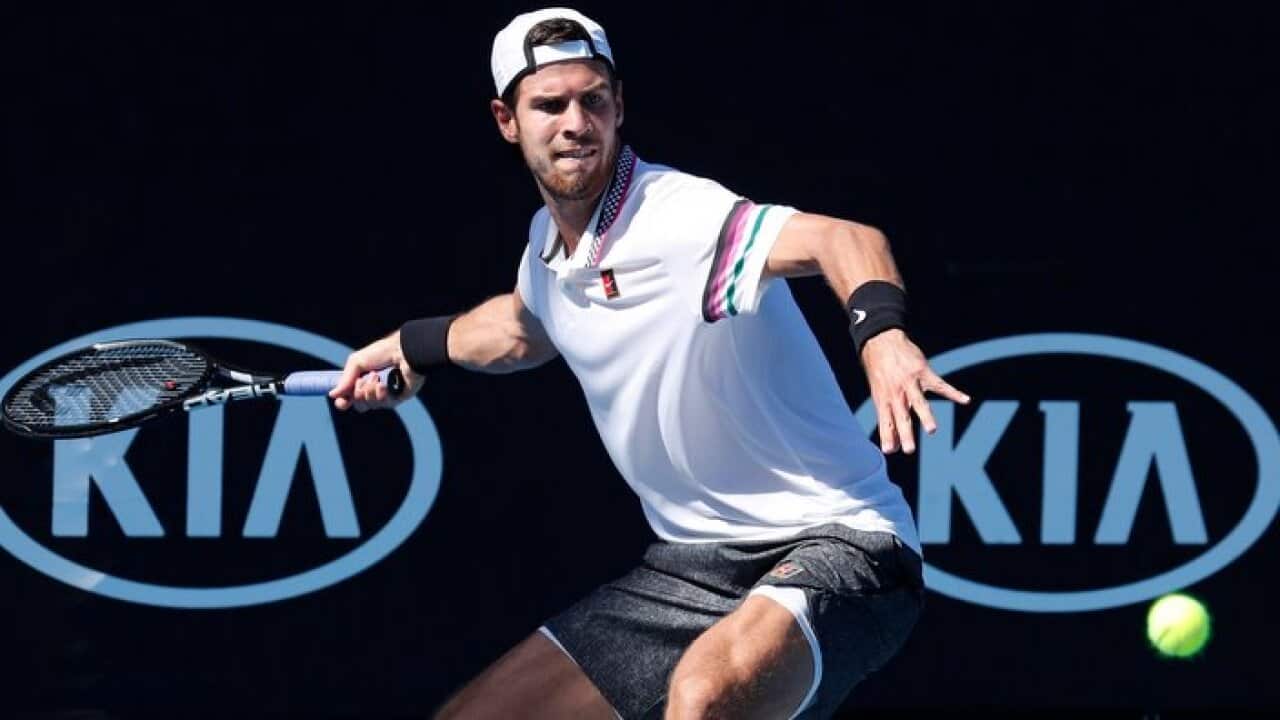 Karen Khachanov of Russia in action during his men's singles match against Peter Gojowczyk of Germany on day one of the Australian Open Grand Slam tennis tournament in Melbourne, Australia, 14 January 2019. EPA/RITCHIE TONGO