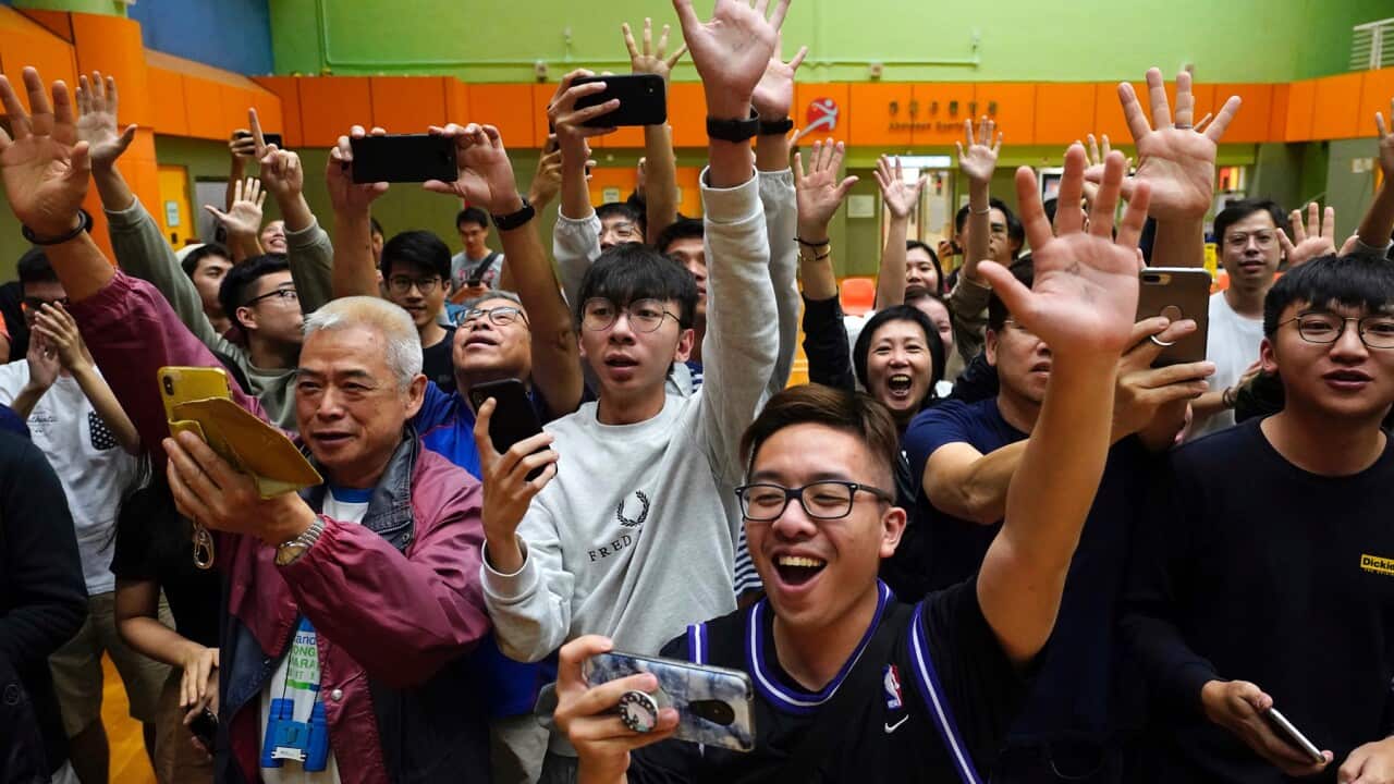 Pro-democracy supporters celebrate resulta of election in Hong Kong