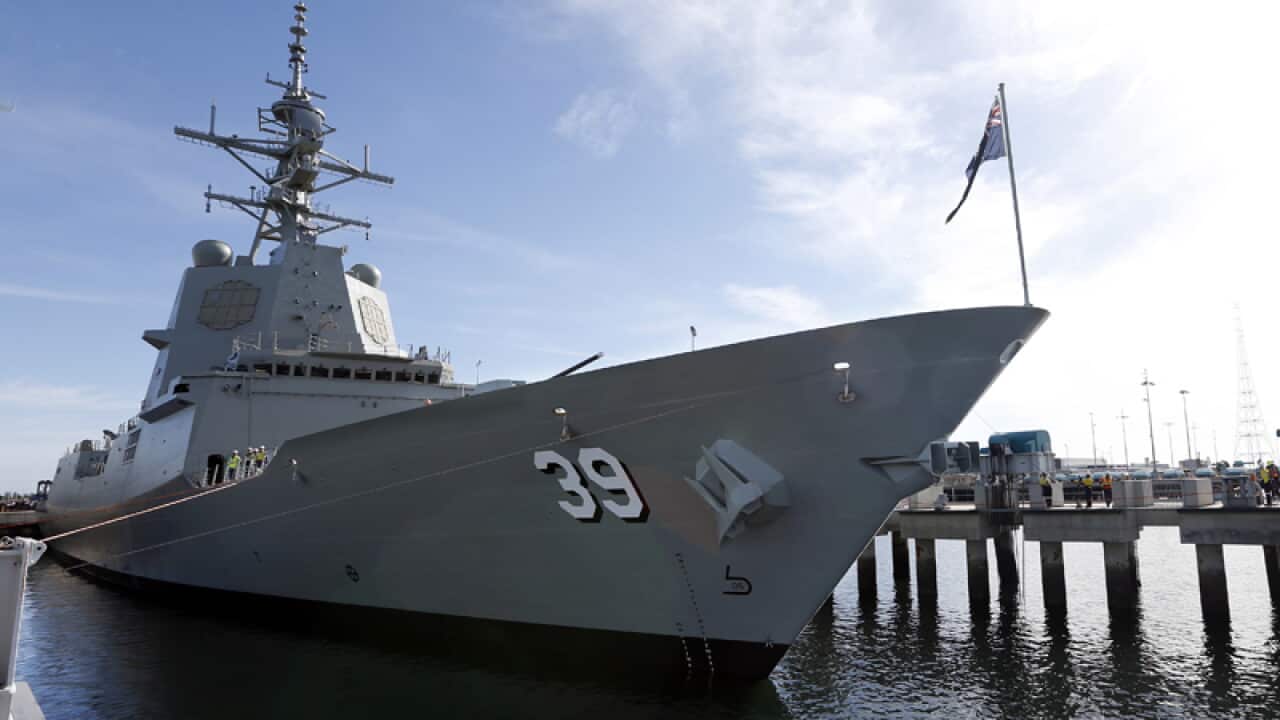 The HMAS Hobart during her launch at Outer Harbour
