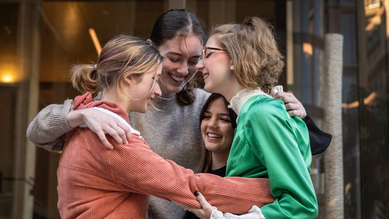 Five of the children - Liv Heaton, Laura Kirwin, Izzy Raj-Seppings and Ava Princi - outside the Federal Court in Sydney on Thursday.