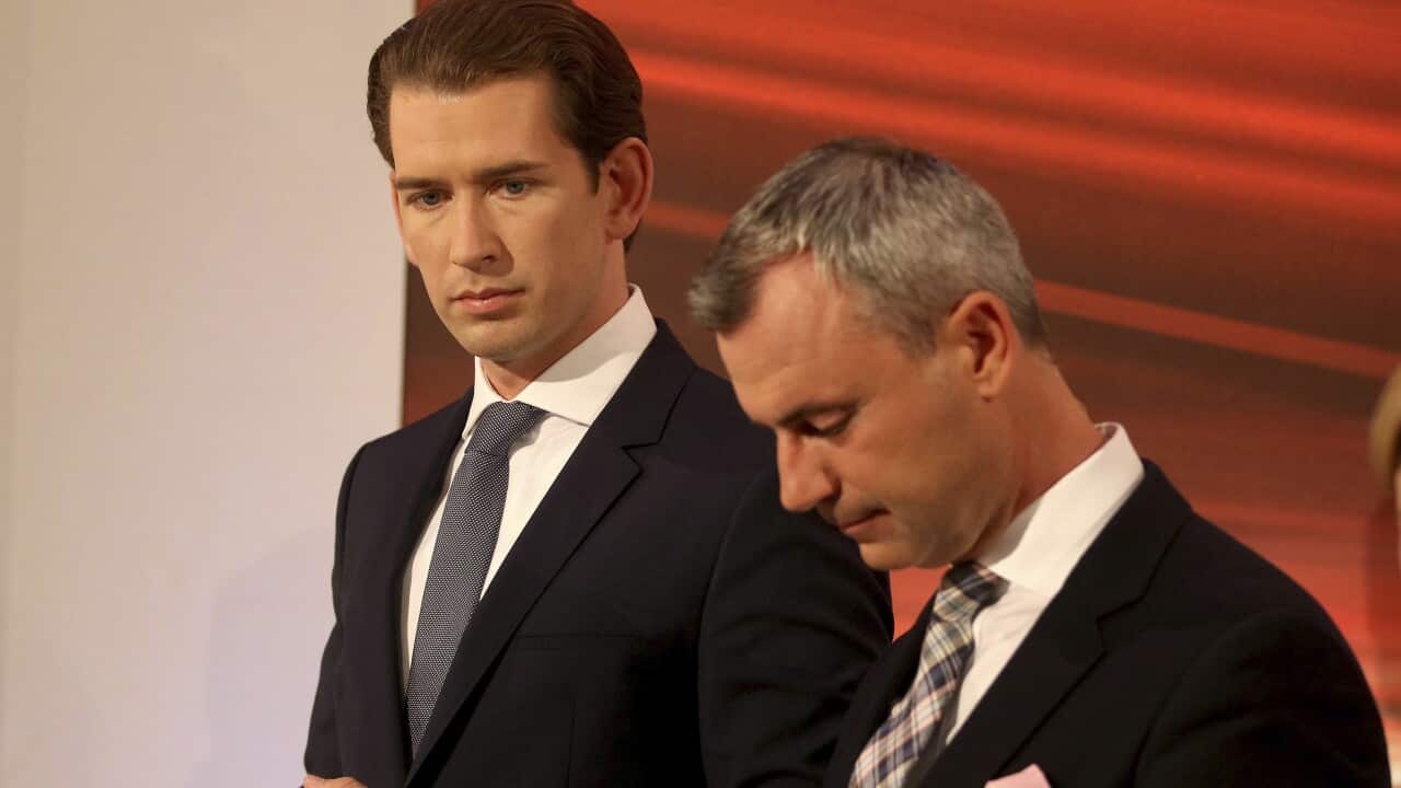 Sebastian Kurz, and Norbert Hoferlook after polling stations close for the national elections in Vienna, Austria.