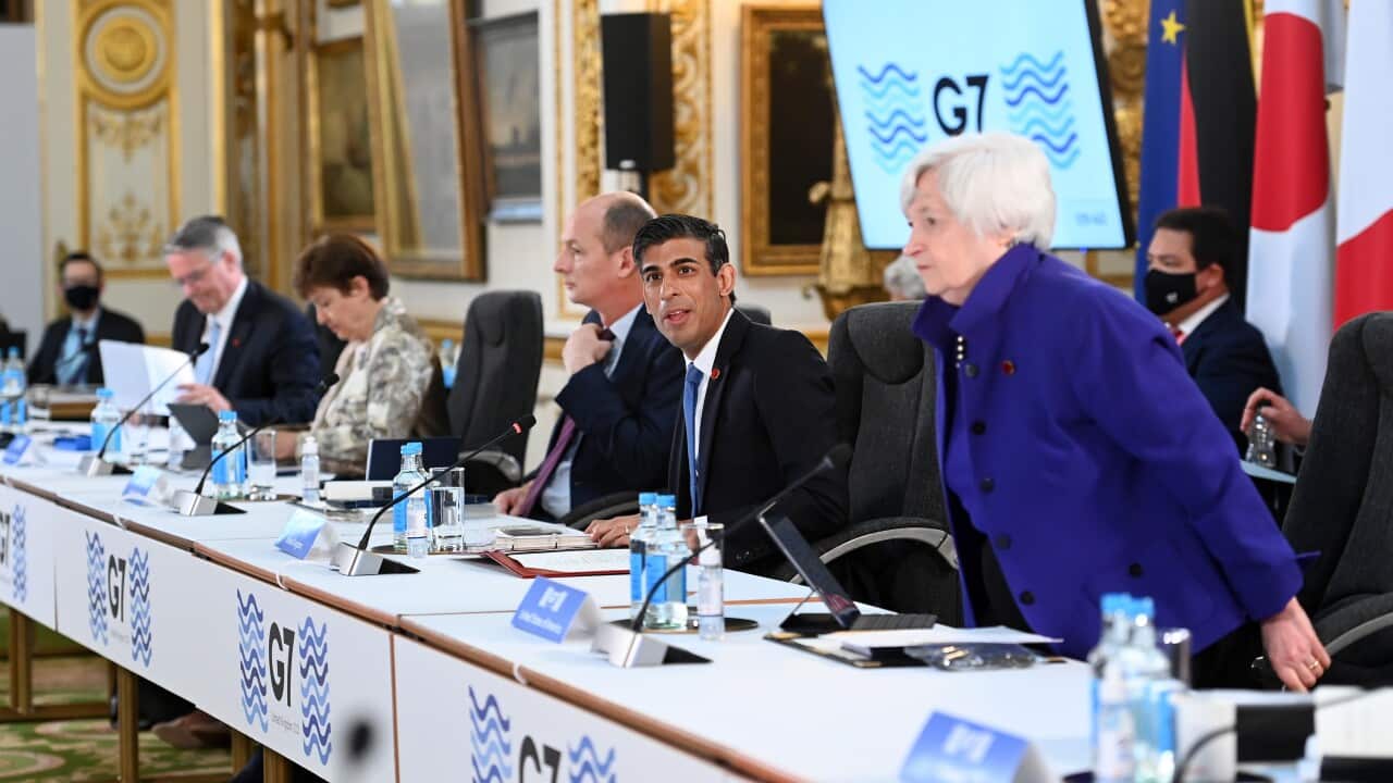 British Chancellor of the Exchequer Rishi Sunak (2-R) welcomes G7 Finance Ministers to Lancaster House during the G7 meeting in London, Britain, 4 June 2021.
