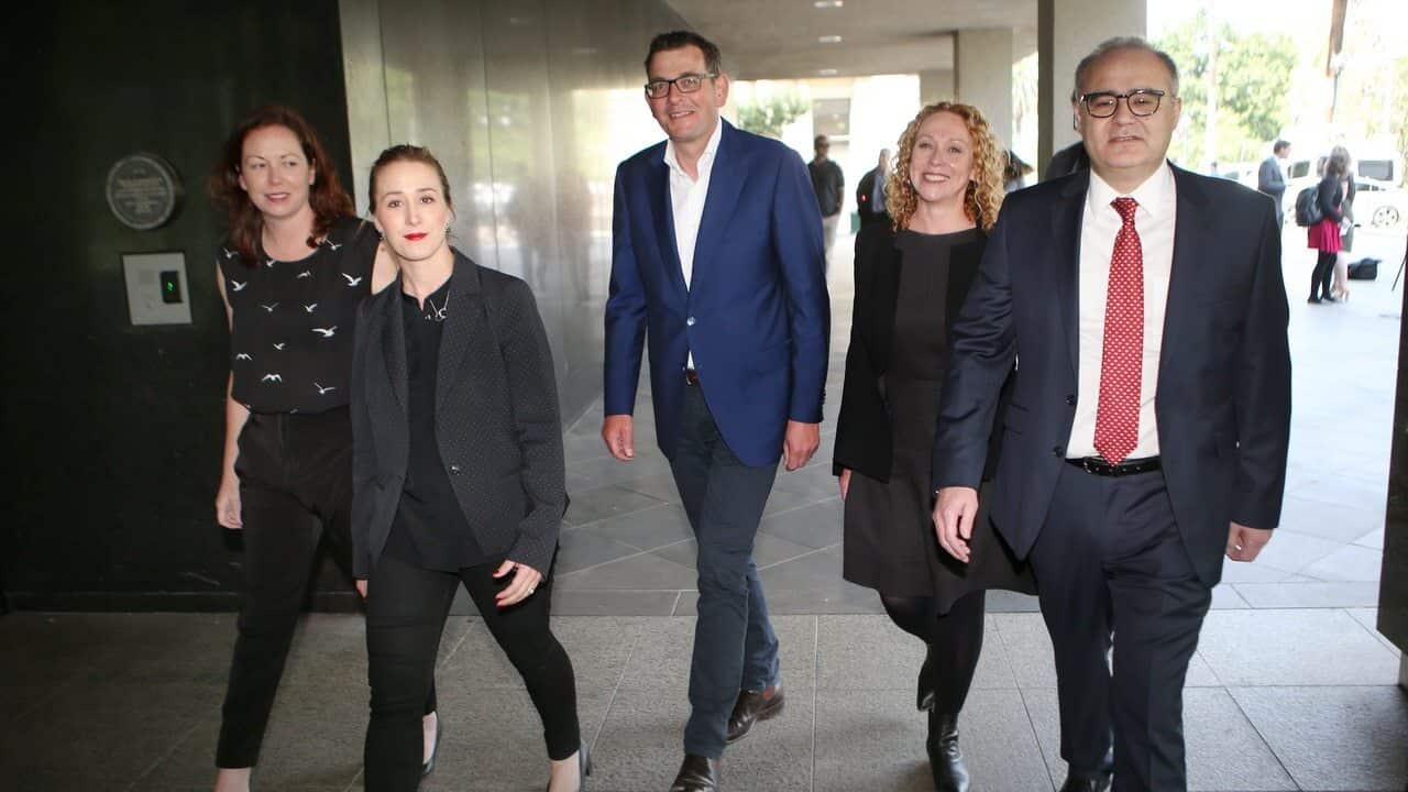 (L-R) Jaclyn Symes, Gabrielle Williams, Victorian Premier Daniel Andrews, Melissa Horne and Adem Somyurek.
