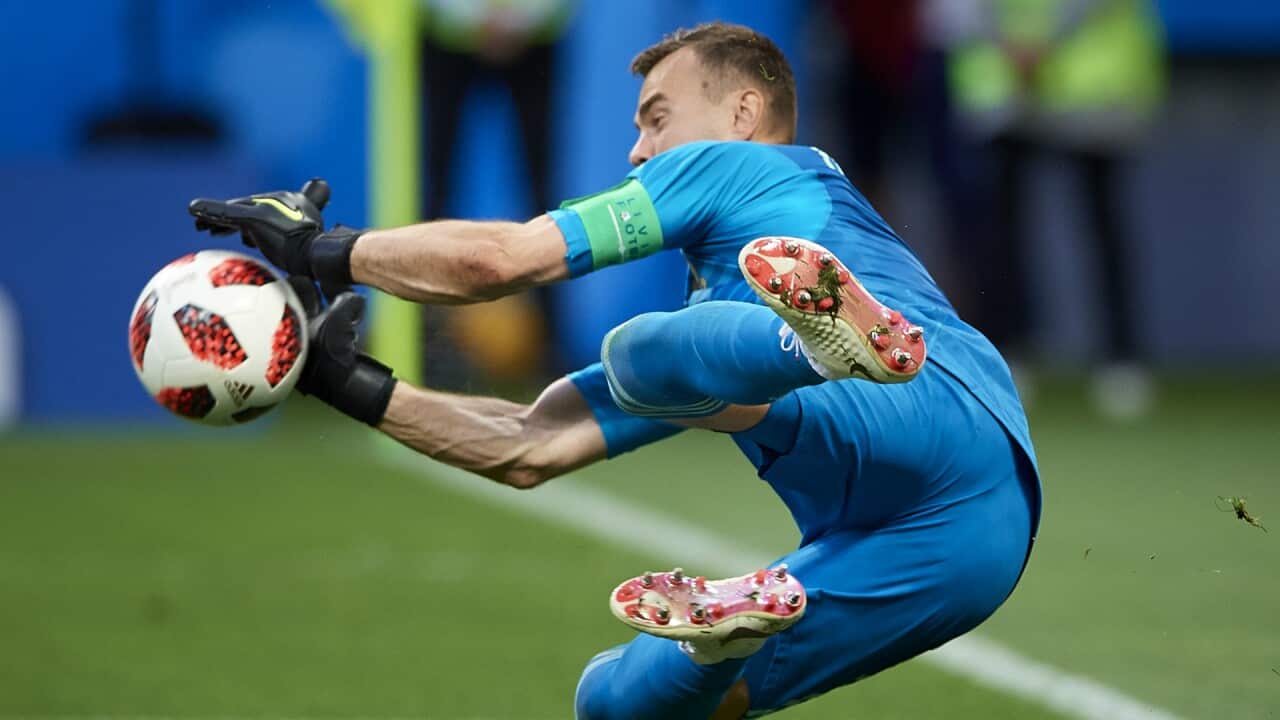 Goalkeeper blocks a goal
