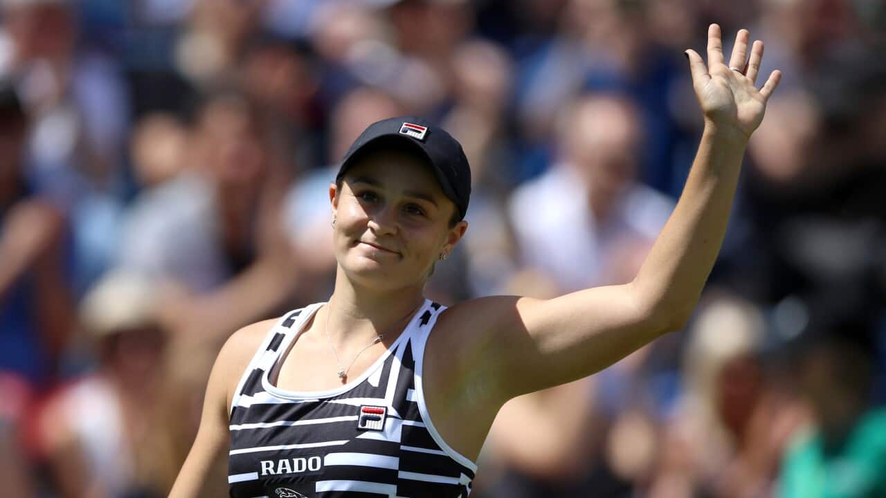Australia's Ashley Barty with the trophy after victory over Germany's Julia Goerges during day nine of the Nature Valley Classic at Edgbaston Priory Club, Birmingham.Tim Goode/PA Wire-AAP