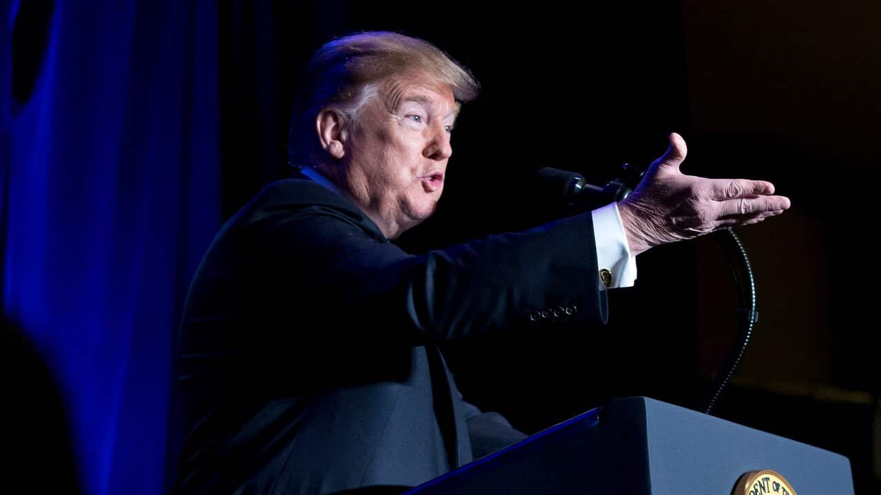 US President Donald J. Trump gestures while delivering remarks at the Major County Sheriffs and Major Cities Chiefs Association Joint Conference on 13/2/19.