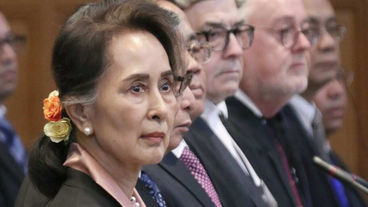 Myanmar leader Aung San Suu Kyi (front) attends a hearing at the International Court of Justice in The Hague, Netherlands, on 10 December 10, 2019.
