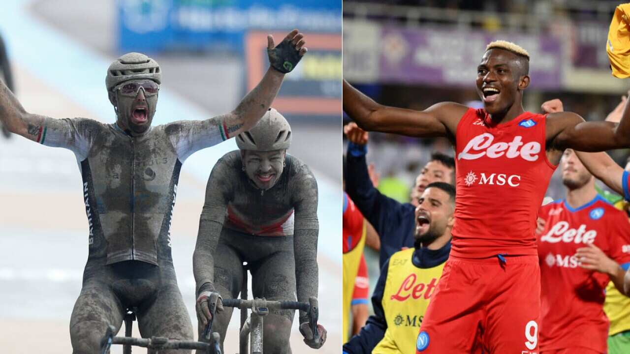 Sonny Colbrelli primo sul traguardo della Roubaix - i giocatori del Napoli festeggiano la vittoria a Firenze