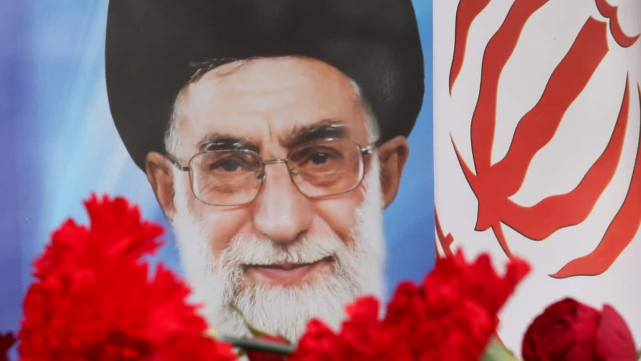 A memorial to Iran’s Supreme Leader Ayatollah Ali Khamenei who was killed by US-Israeli airstrikes