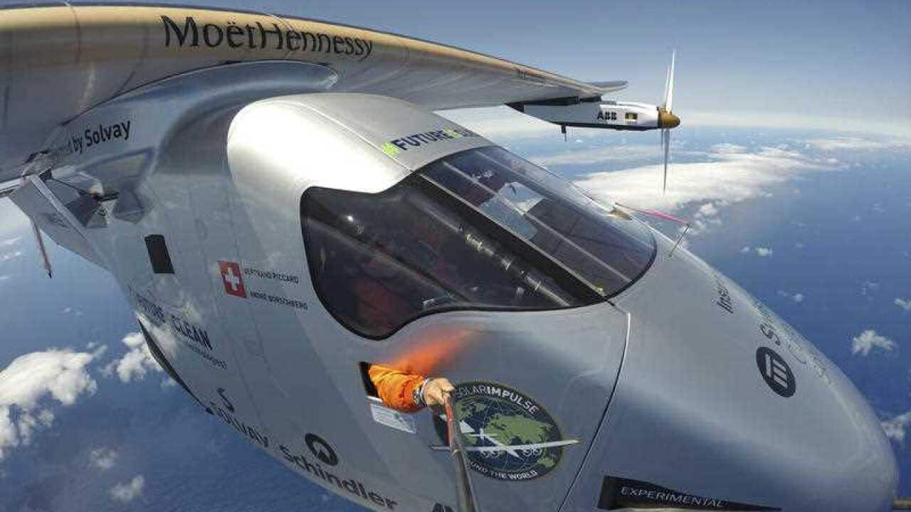 the solar powered plane pilot Bertrand Piccard takes a selfie prior to landing in Seville in Spain