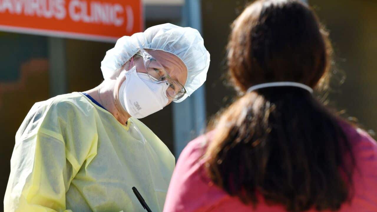 Hospital staff test people outside the Tanunda War Memorial Hospital in the Barossa Valley.