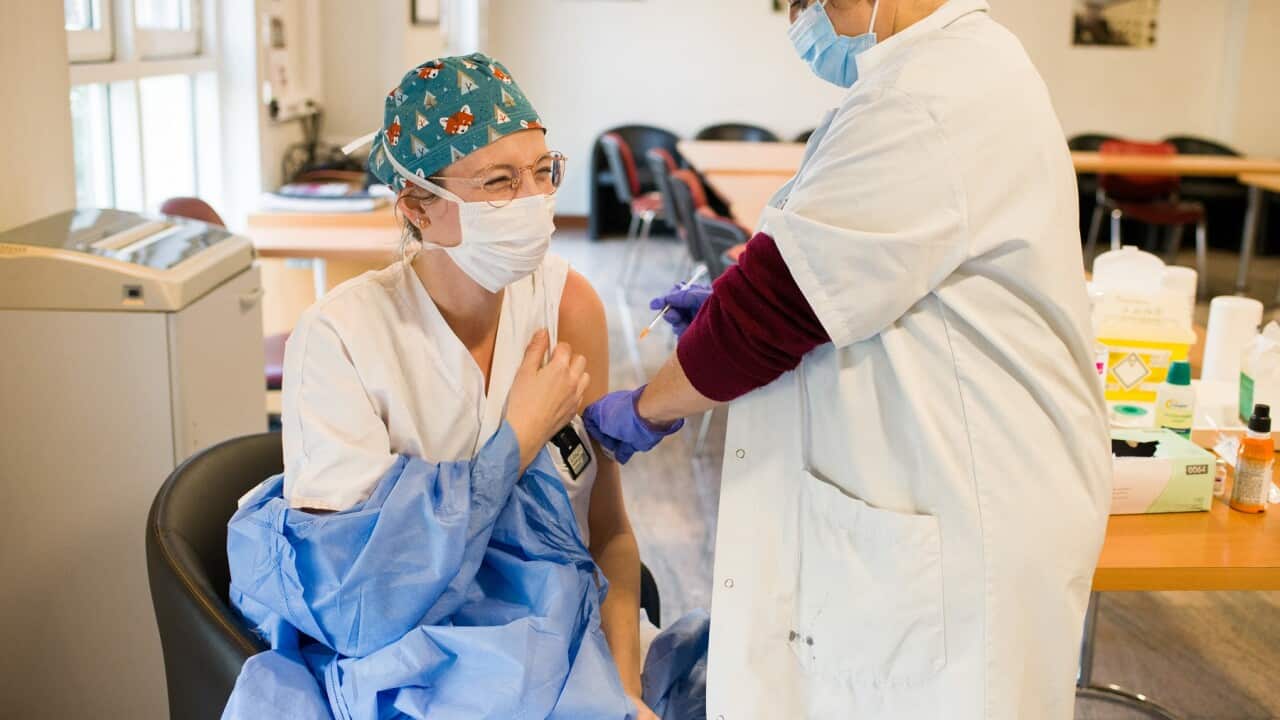Medical members of Ambroise Pare hospital receive the Astra Zeneca vaccin. AstraZeneca vaccines are only allowed for people 65 and under in the EU. Paris, France on February 10, 2021. Photo by Nathan LaineABACAPRESS.COM.