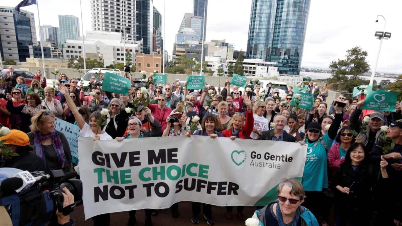 People rally outside the WA parliament in support of proposed assisted dying laws