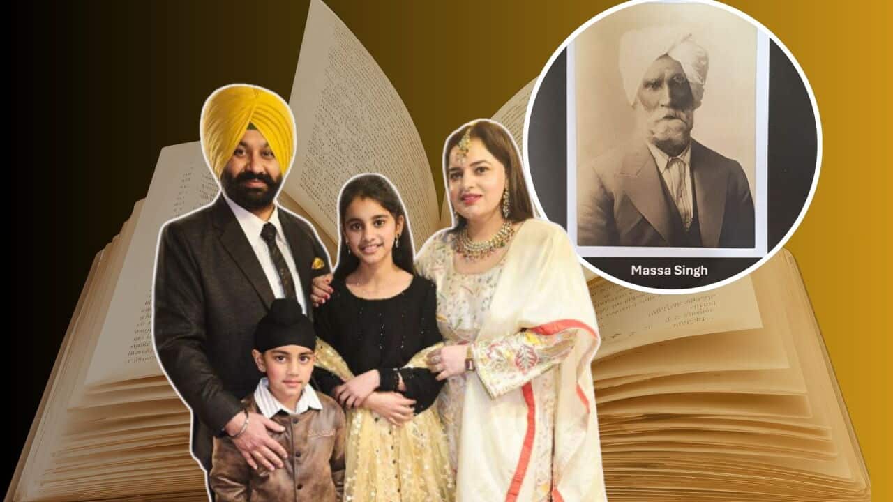 A digital collage featuring a modern family of four in traditional and formal attire positioned in front of an open book, with a circular inset portrait of an elder labeled "Massa Singh."