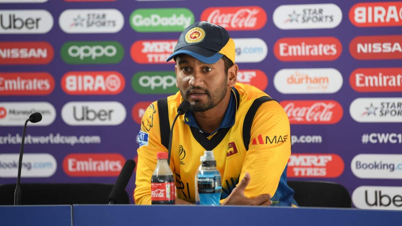 Dimuth Karunaratne of Sri Lanka is interviewed during the post match press conference during the Group Stage match of the ICC Cricket World Cup 2019 between Sri Lanka and South Africa at Emirates Riverside on June 28, 2019 in Chester-le-Street, England