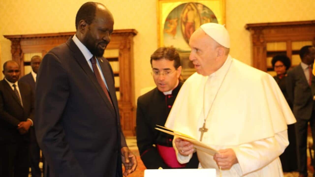 Pope Francis and President Kiir during the first visit to Rome