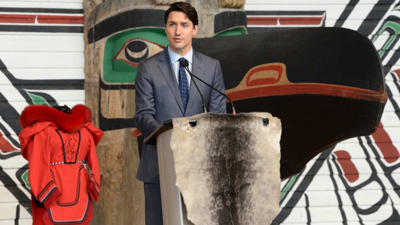 Canadian Prime Minister Justin Trudeau speaks at the closing ceremony for the National Inquiry into Missing and Murdered Indigenous Women and Girls in Gatineau, Canada, Monday, June 3, 2019
