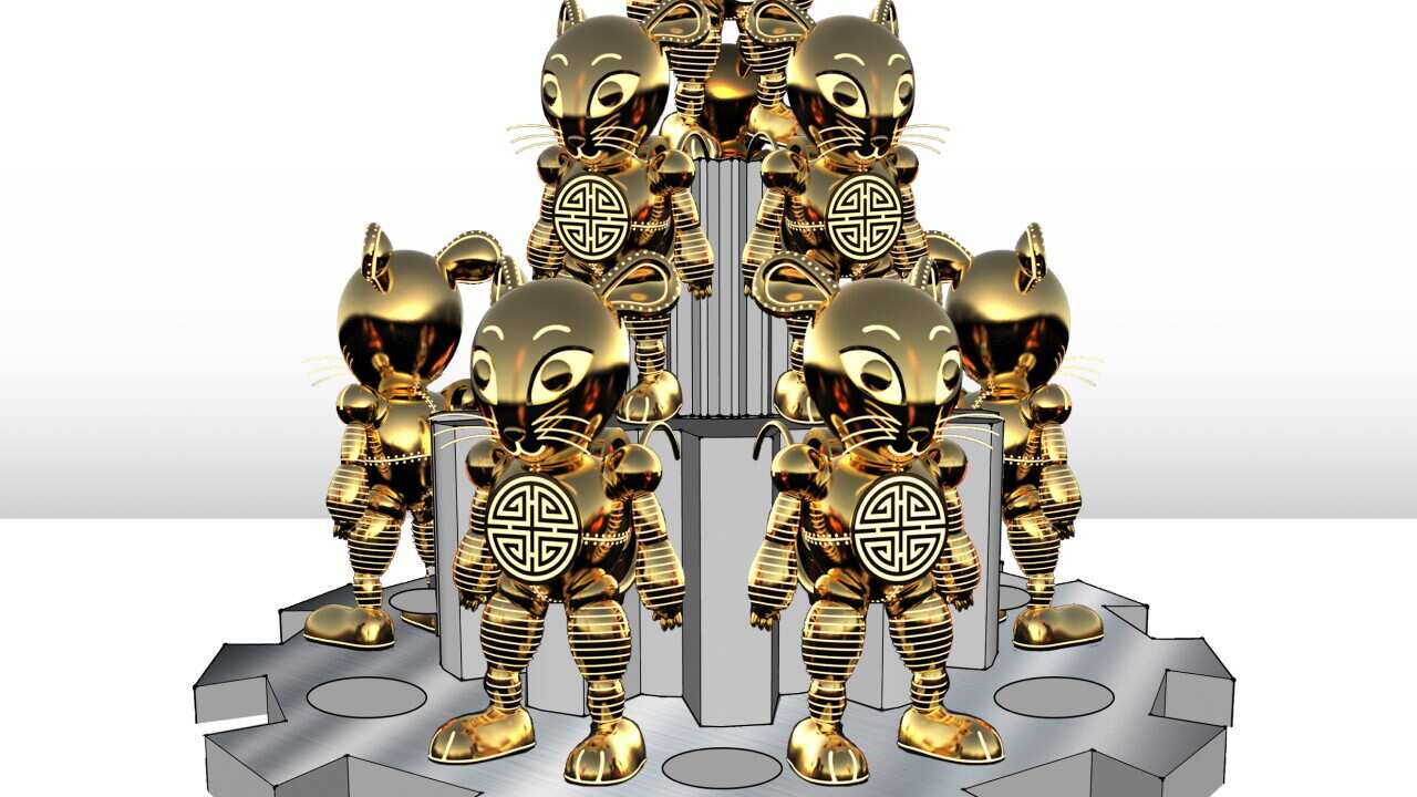 The artist's impression of golden mechanical Rats for Sydney Lunar Festival 2020, designed by Claudia Chan Shaw