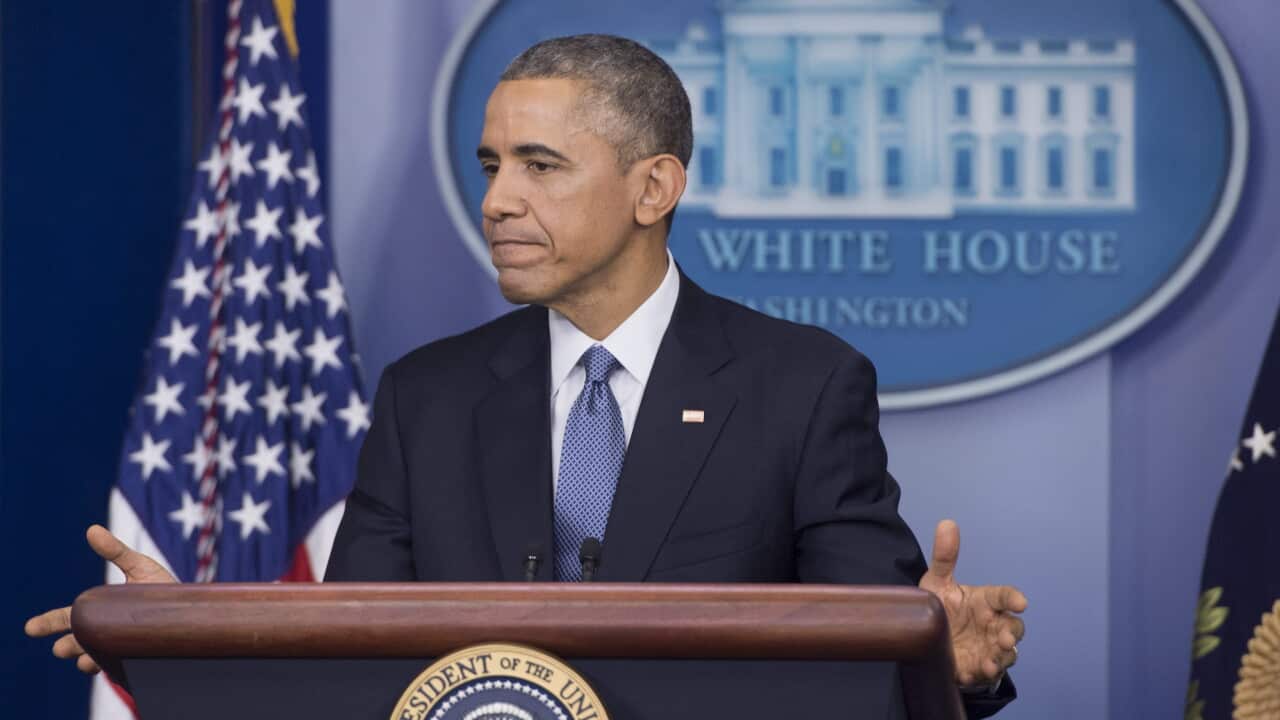 US President Barack Obama discusses North Korea and cyber security, Cuba policy, and efforts to improve the US economy, White House, 19 December 2014 (EPA/MICHAEL REYNOLDS)