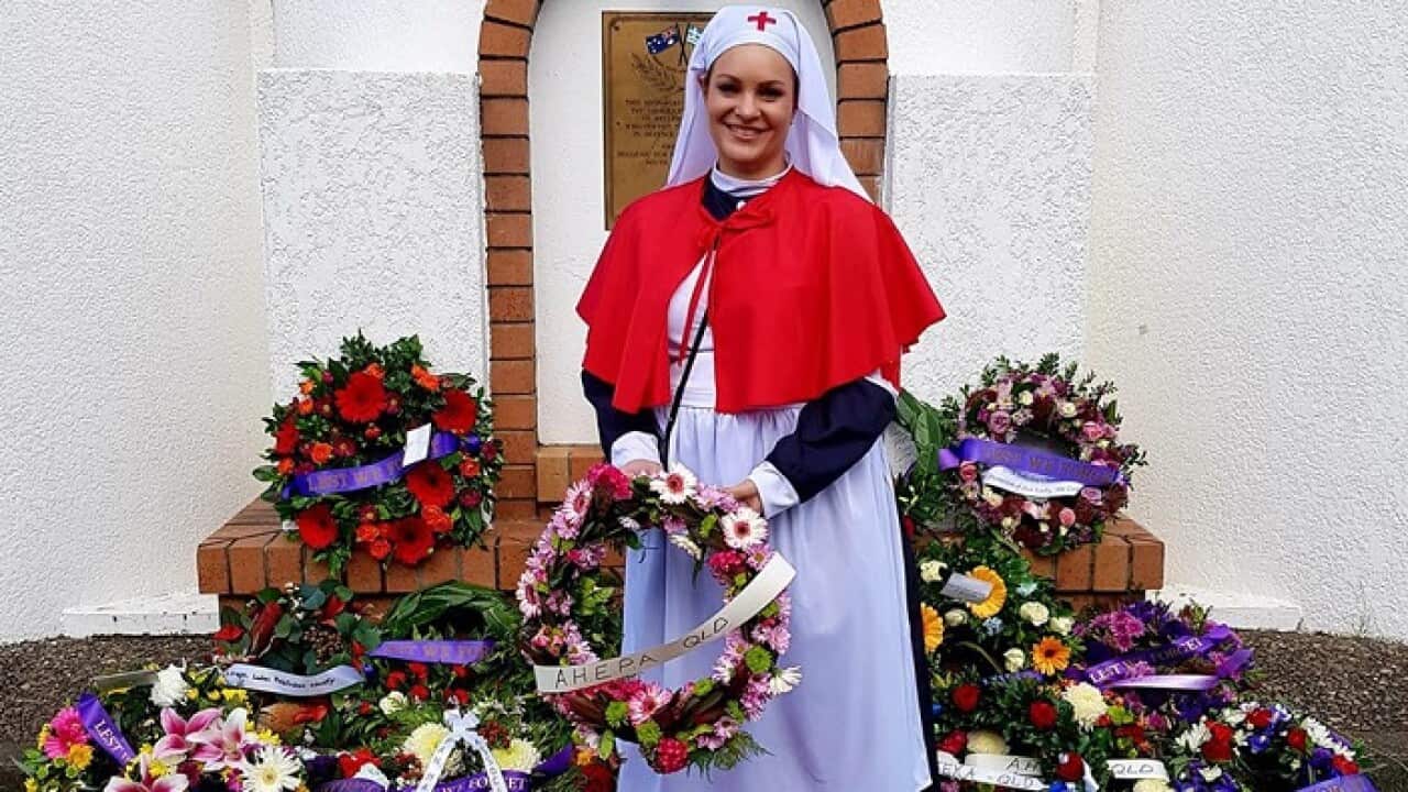 Greek Australian nurse from Brisbane, Helen Zahos, march today representing those ANZAC nurses that volunteered to go to war, and landed on Lemnos Island.