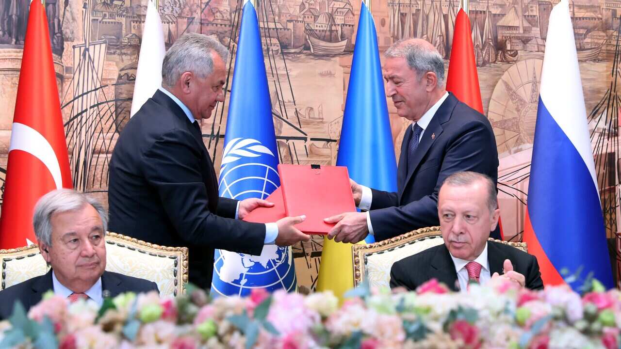 Turkish President Recep Tayyip Erdogan and UN Secretary-General, Antonio Guterres attend the signing ceremony of the Initiative on the Safe Transportation of Grain and Foodstuffs Ukrainian Ports Document, which unblocks Ukrainian grain exports, in Istanbul, Turkiye on July 22, 2022