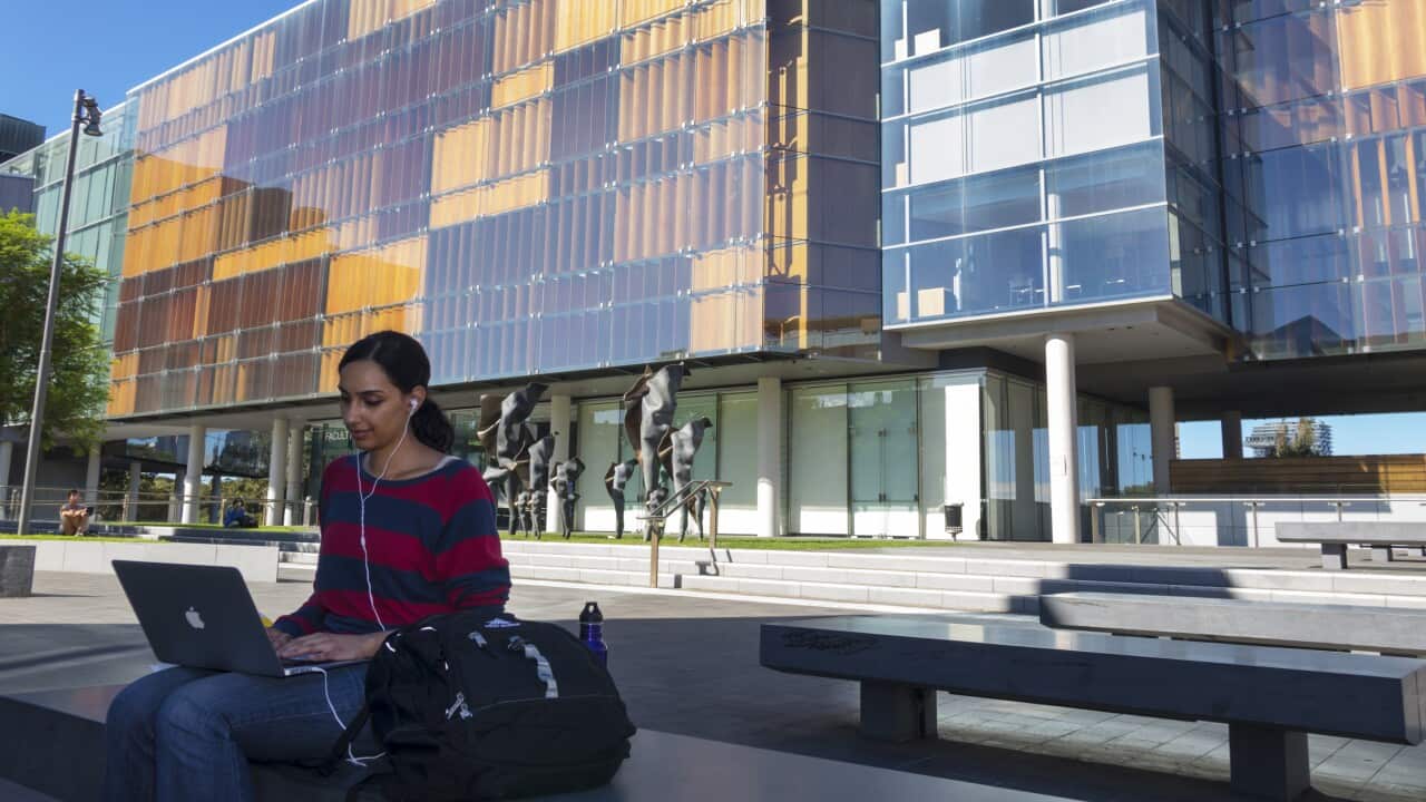 Australia, Sydney, University of Sydney campus student Apple notebook New Law Building