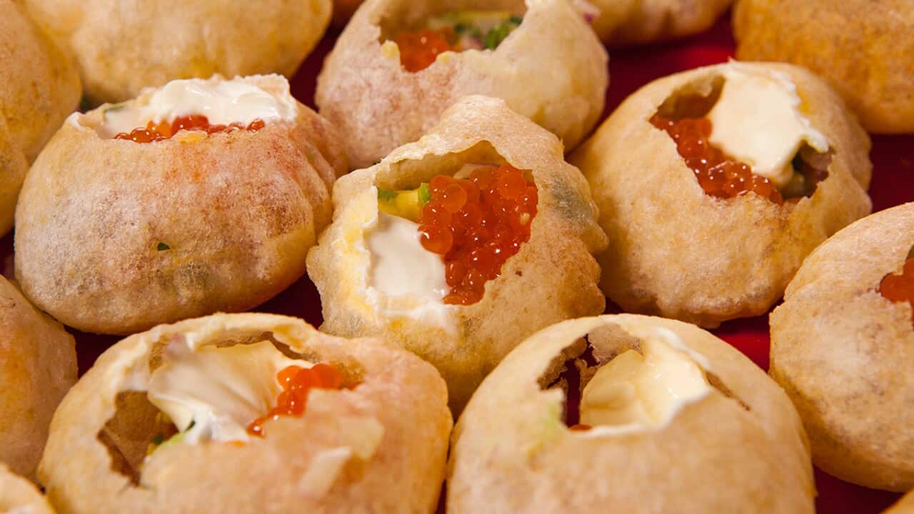 Salmon roe and avocado pani puri