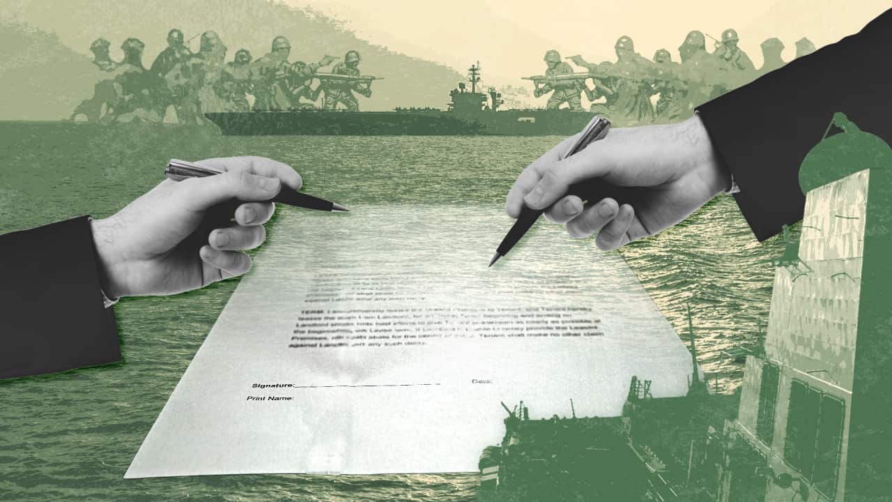 A piece of paper and two hands signing it, with a green tint and military motifs designed around the edges.