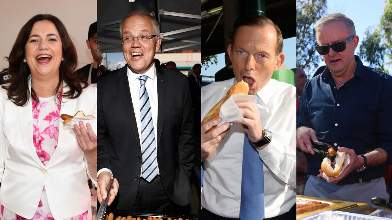 A collage of men and a woman holding a sausage sizzle.