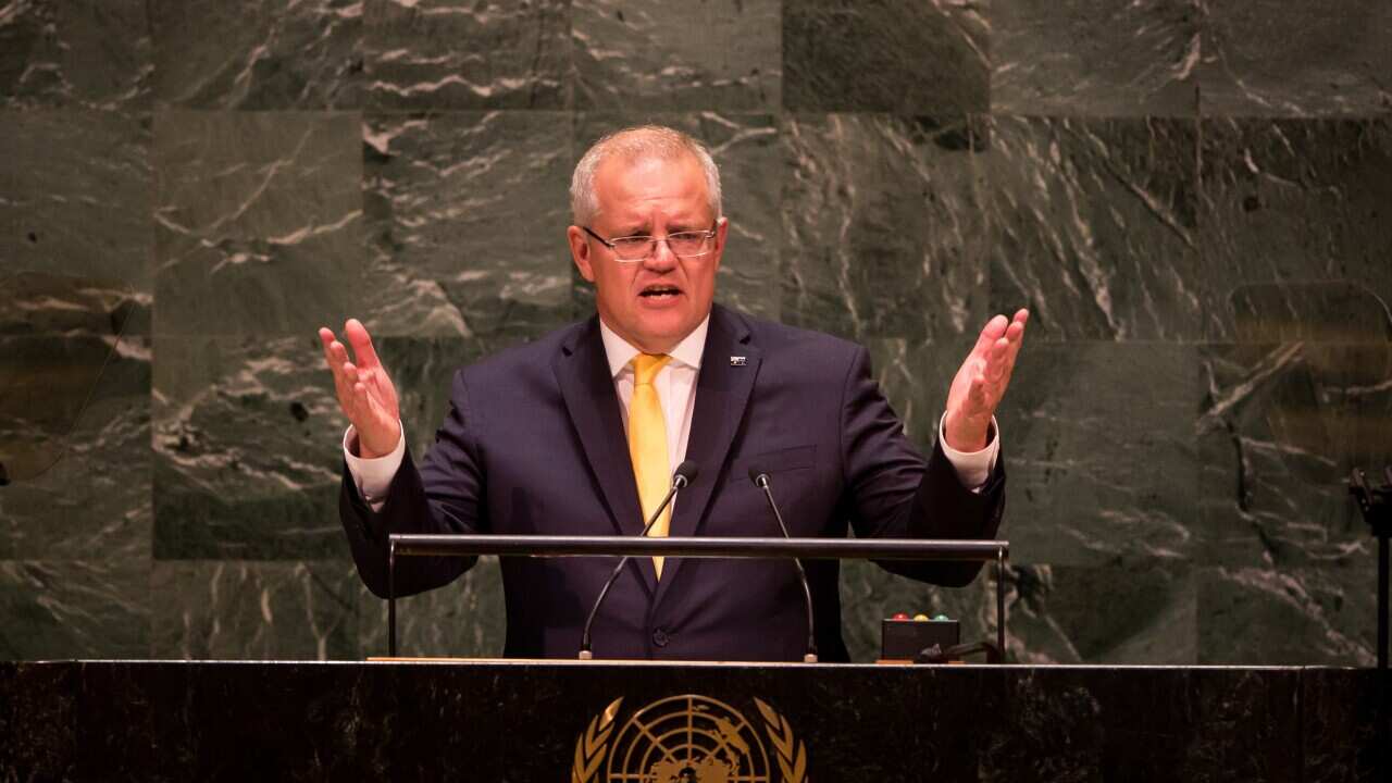 Prime Minister Scott Morrison addresses the United Nations at United Nations Headquarters in New York, New York.