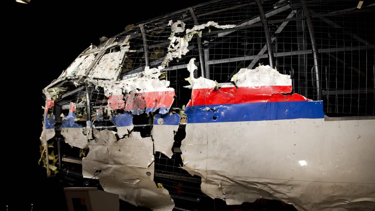 (File Image) The reconstructed wreckage of Malaysia Airlines Flight MH17 is put on display during a press conference in the Netherlands.