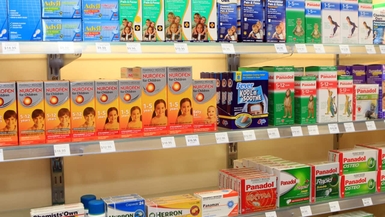 A range of painkillers at a pharmacy