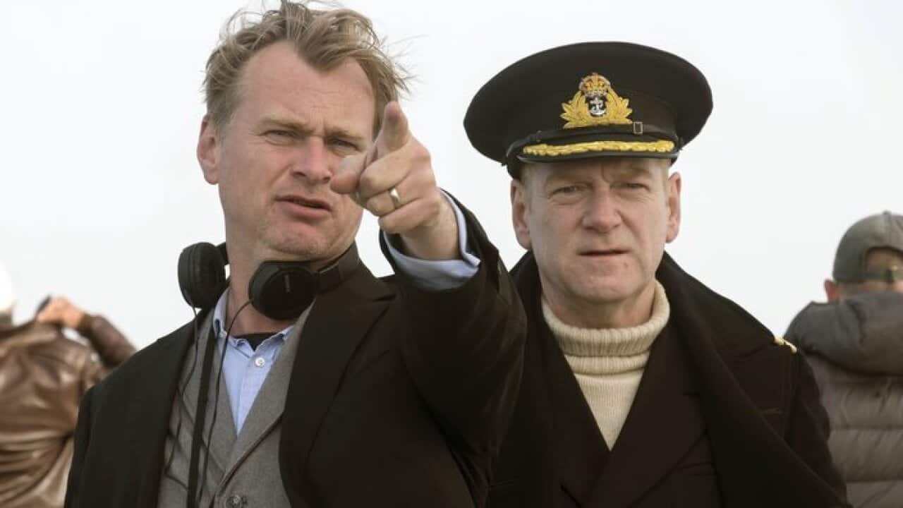 Christopher Nolan, left, on the set of "Dunkirk" with actor Kenneth Branagh.