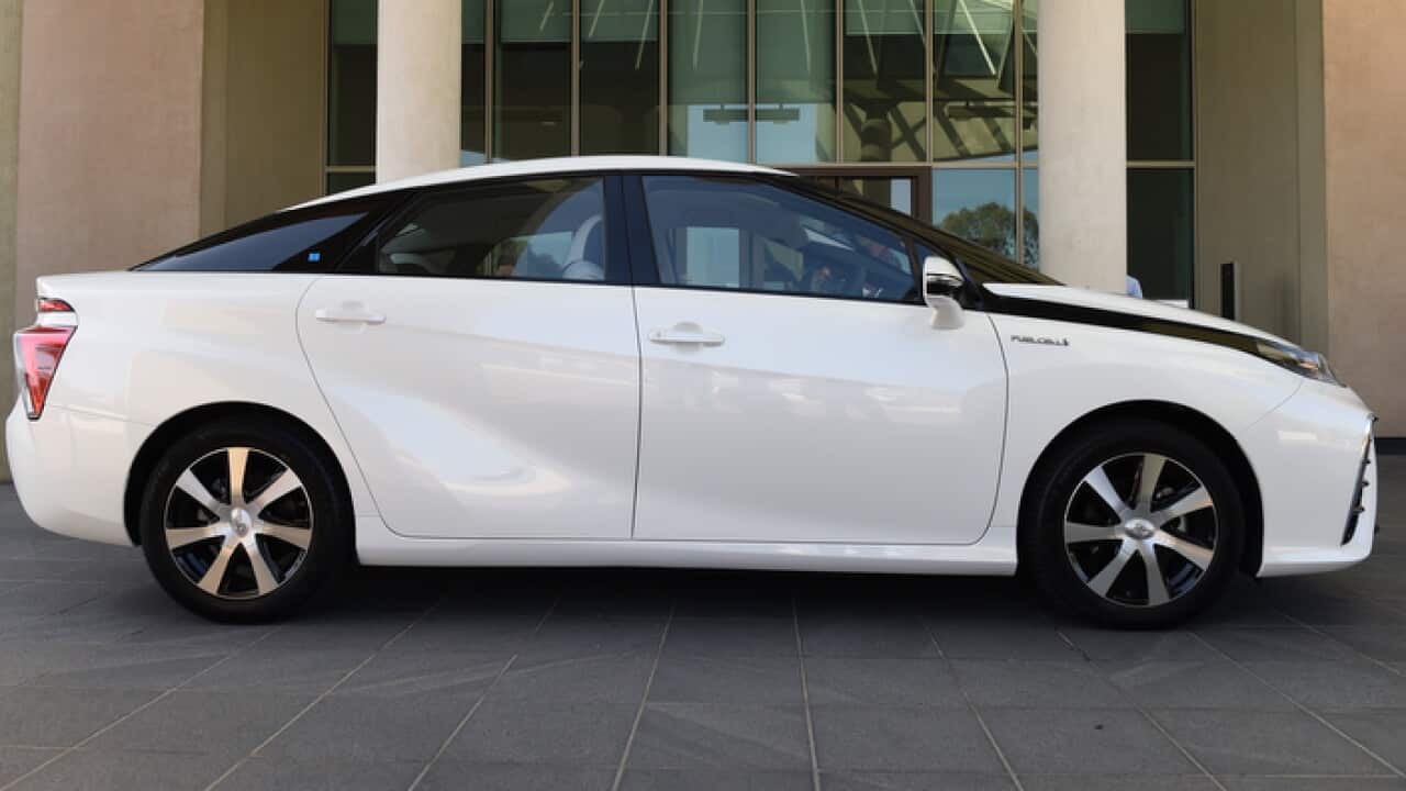 Toyota's new hydrogen fuel cell vehicle, the Mirai outside Parliament House on Thursday, Oct. 15, 2015.