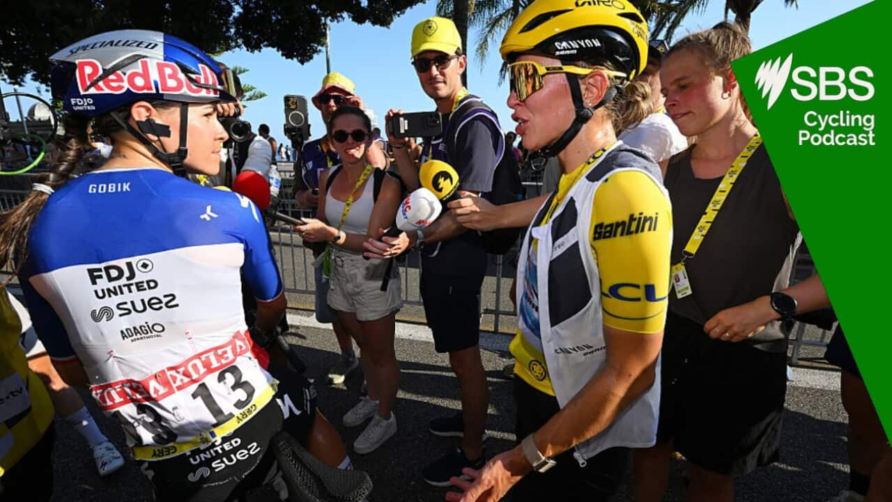 NICE, FRANCE - AUGUST 08: (L-R) Celia Gery of France and Team FDJ United - SUEZ and Katarzyna Niewiadoma-Phinney of Poland and Team Canyon//SRAM Racing zondacrypto - Yellow Leader Jersey react after the 5th Tour de France Femmes 2026, Stage 8 a 171.9km stage from Sisteron to Nice / #UCIWWT / on August 08, 2026 in Nice, France. (Photo by Tim de Waele/Getty Images)