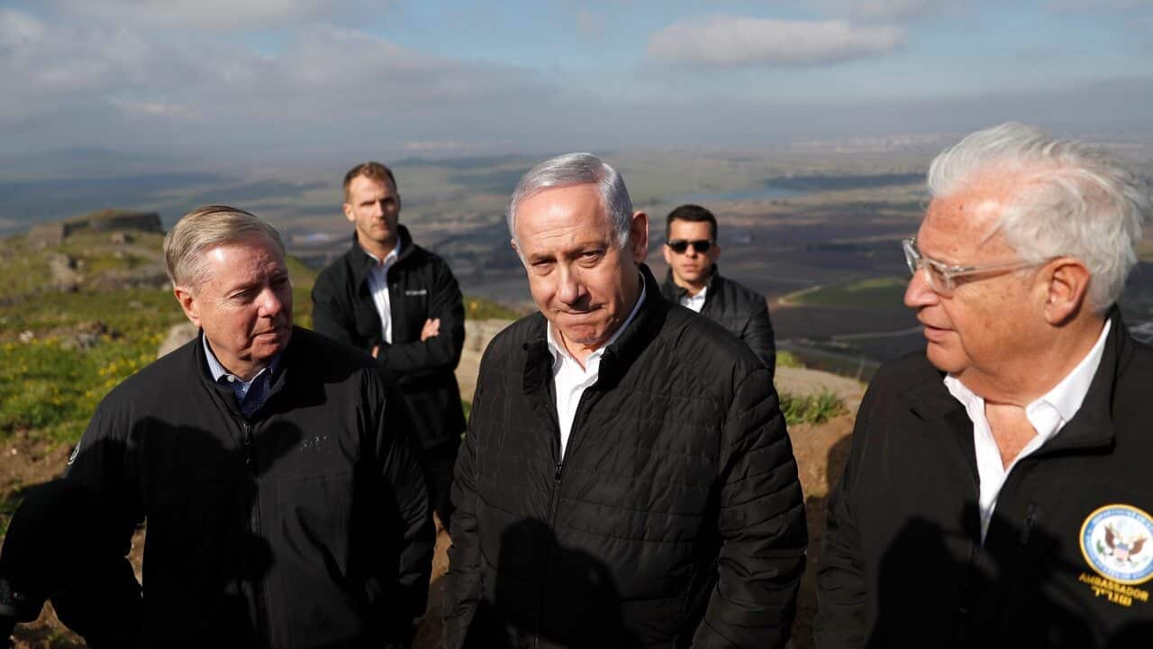 Bejamin Netanyahu, Republican US Senator Lindsey Graham and US Ambassador to Israel David Friedman visit Golan Heights on 11 March, 2019.