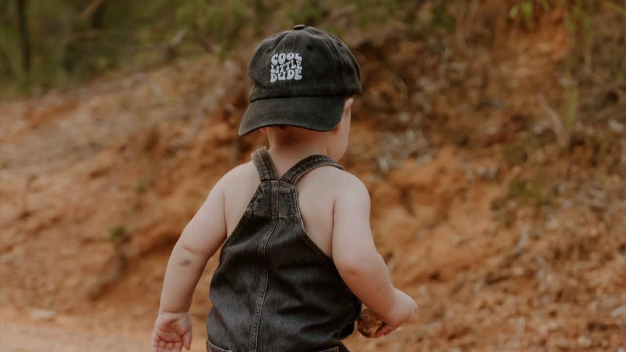 The back of a toddler in the bush.