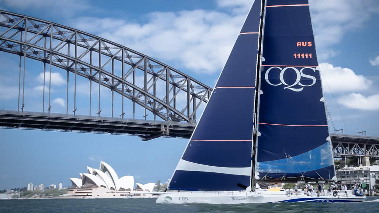 100ft maxi racing yacht CQS pictured with the Sydney Opera