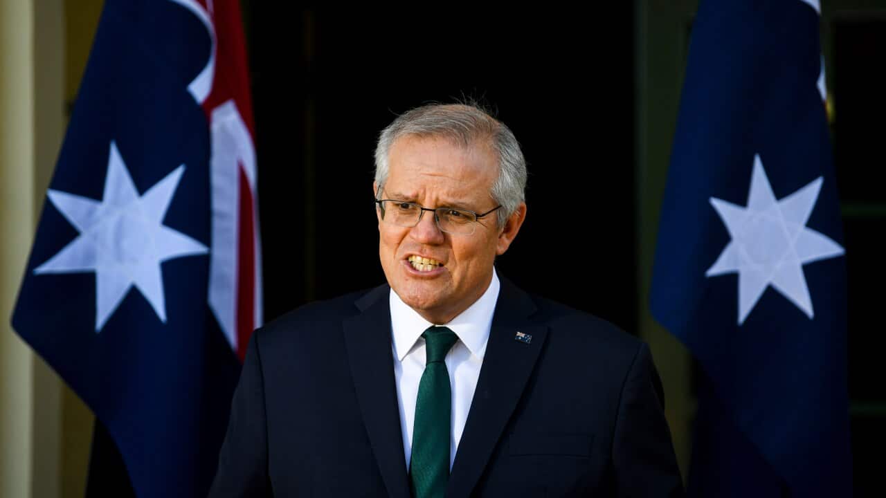 Prime Minister Scott Morrison speaks to the media during a press conference at the Lodge in Canberra.