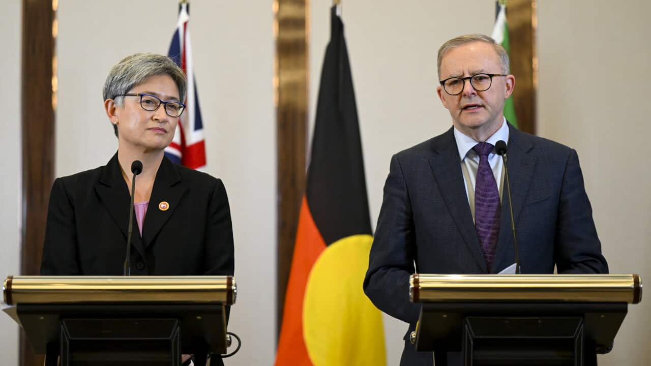 Australian Prime Minister Anthony Albanese (right) and Australian Foreign Affairs Minister Penny Wong speak to the media during a press conference in Jakarta.