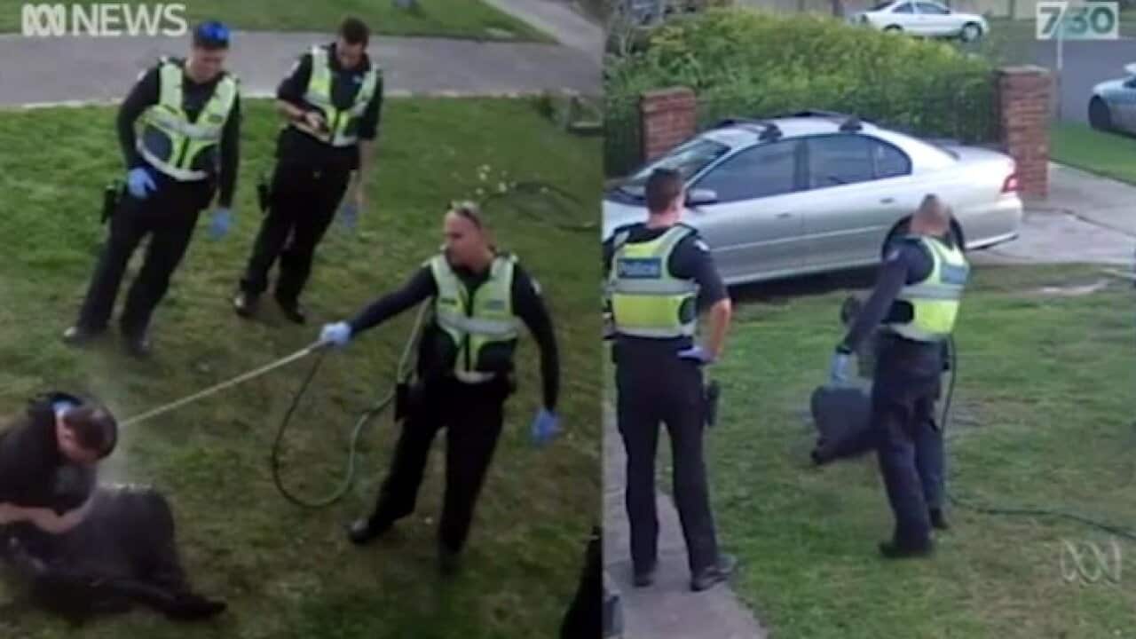 About half-a-dozen officers were captured in the CCTV footage spraying water from a high-pressure garden hose.
