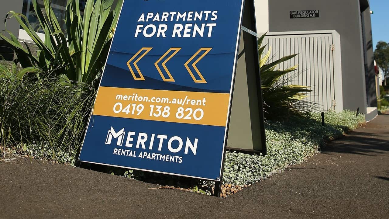 A rental sign is displayed outside an apartment complex in Sydney