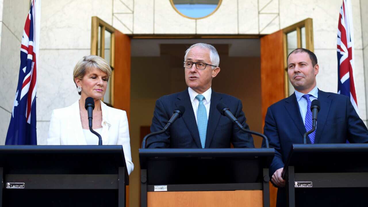 (L-R) Julie Bishop, Malcolm Turnbull and Josh Frydenberg