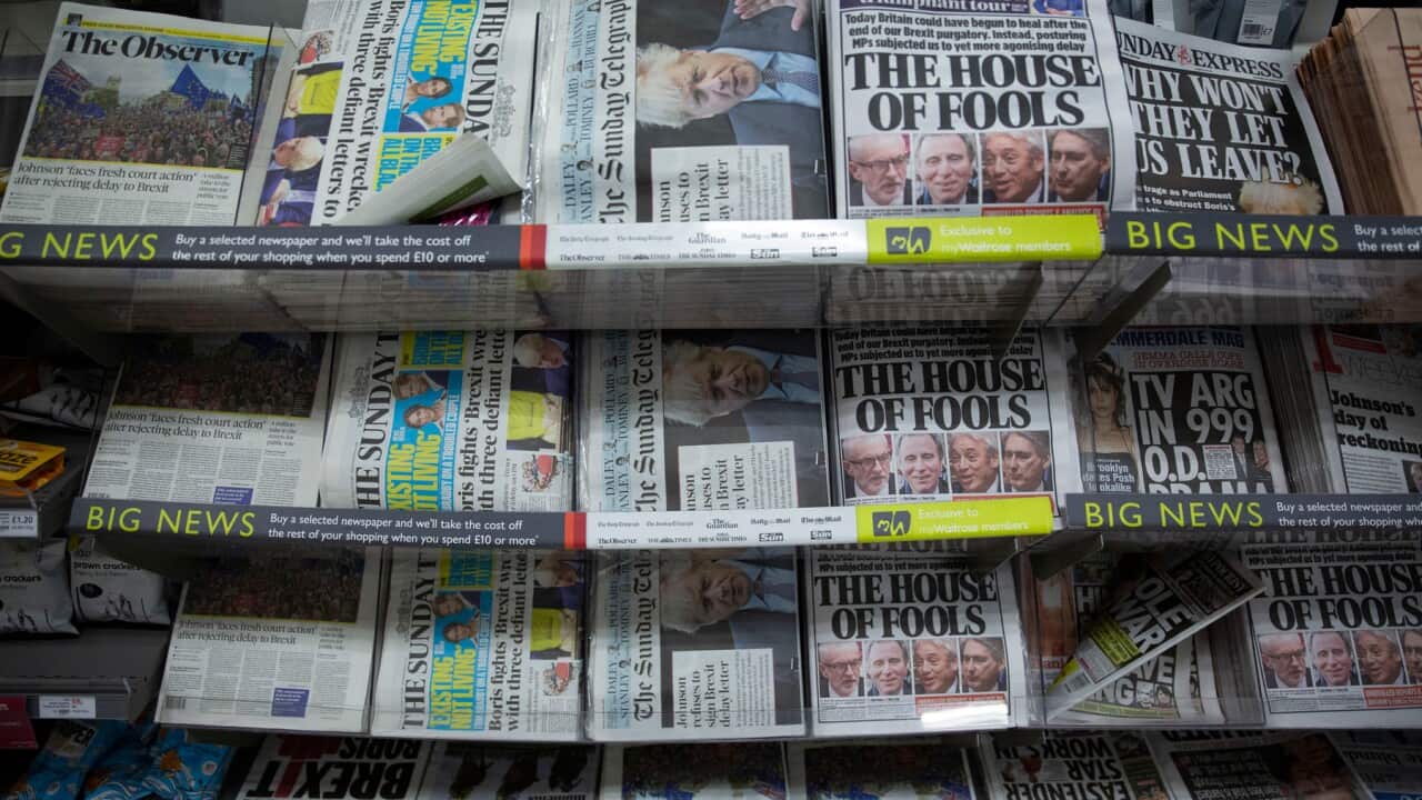 British national newspapers are displayed for sale with their Brexit-related front pages