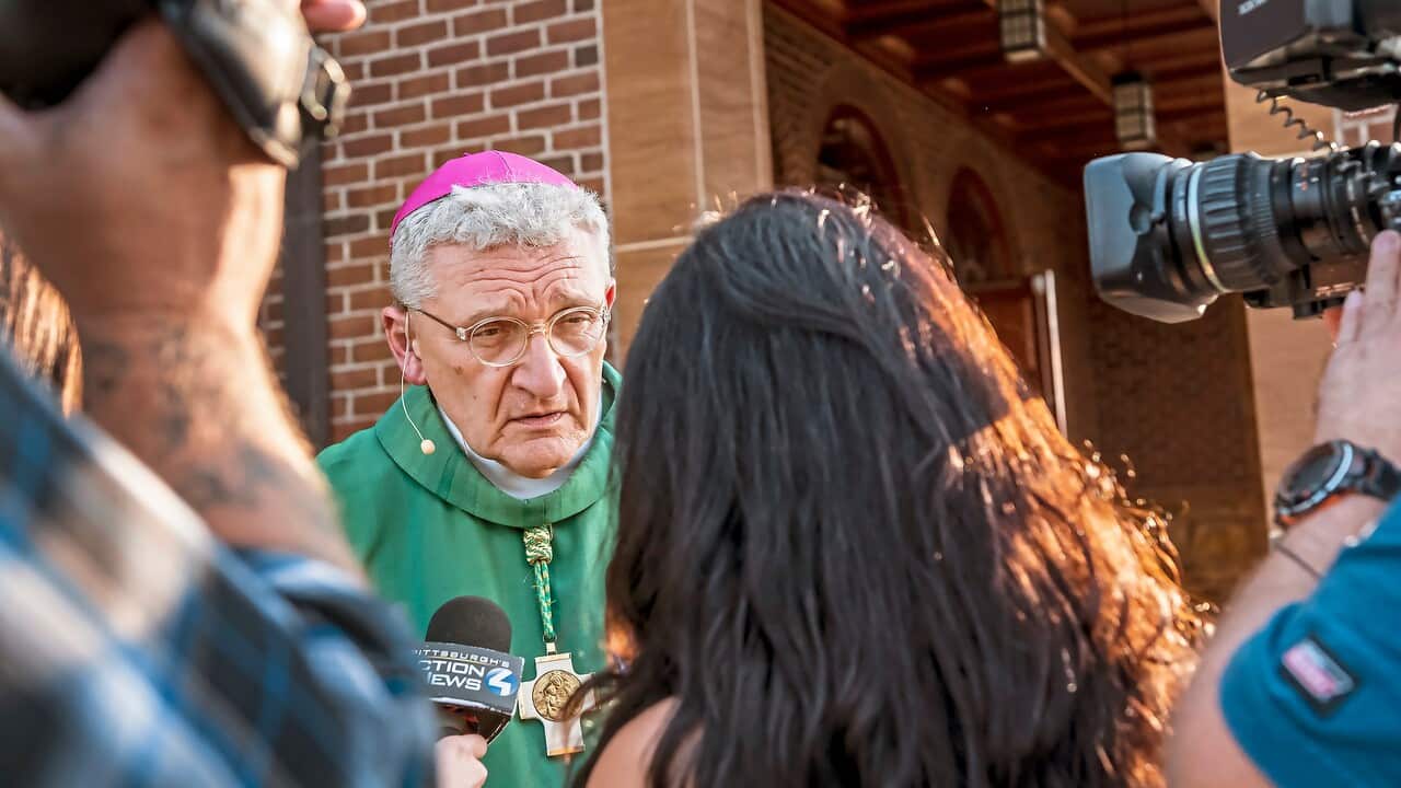 Bishop of the Catholic Diocese of Pittsburgh, David Zubik, answers reporters' questions as the probe into clergy abuse widens.