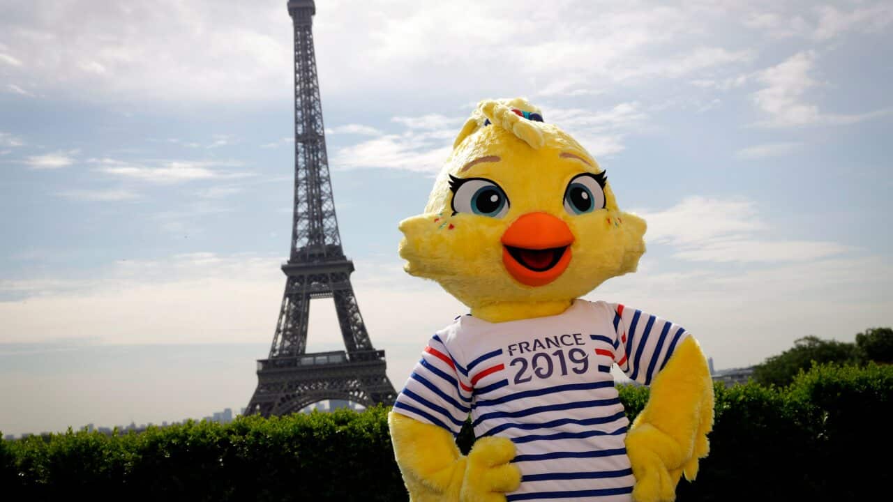 TOPSHOT - The 2019 FIFA Womens World Cup official mascot 'Ettie' is revealed during a press conference in front of The Eiffel Tower in Paris on May 12, 2018. (Photo by Thomas SAMSON / AFP) (Photo credit should read THOMAS SAMSON/AFP/Getty Images)