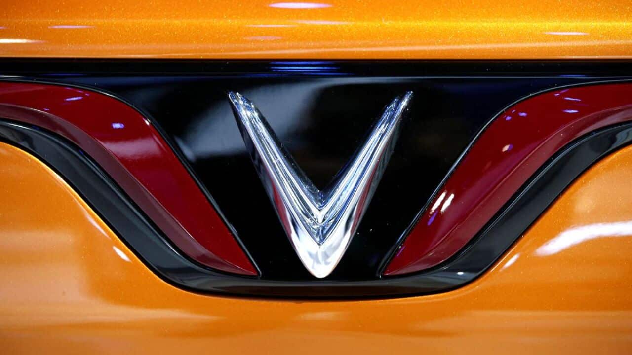 The VinFast logo is displayed on a VF5 electric SUV during CES 2022 at the Las Vegas Convention Center in Las Vegas, Nevada, US.