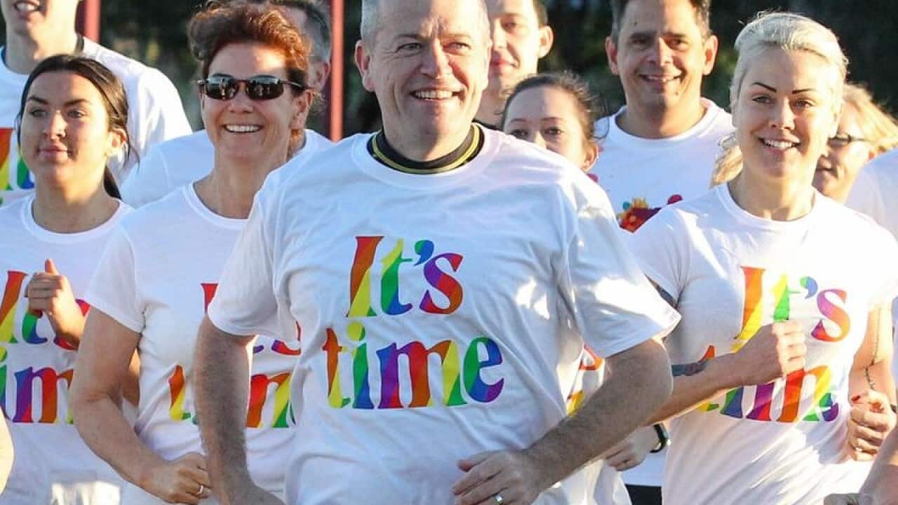 Bill Shorten wears a shirt in support of marriage equality in Perth