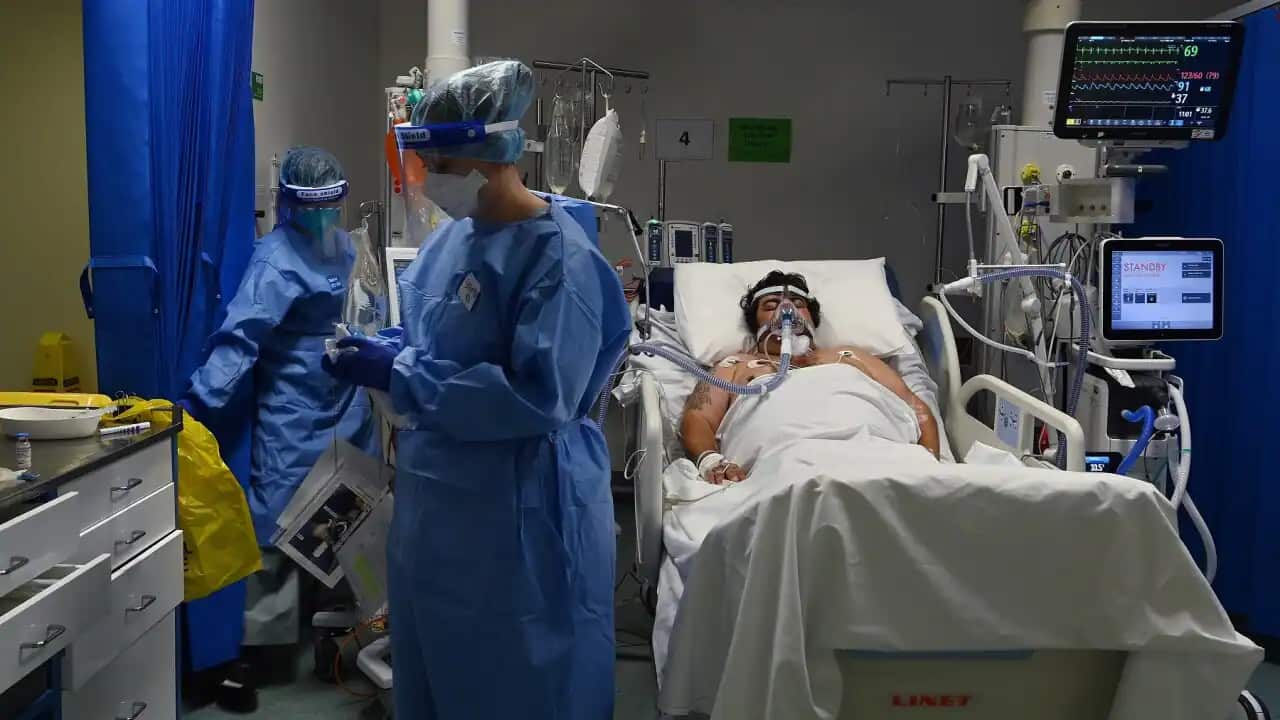 A COVID-19 positive patient at St Vincent’s Hospital in Sydney in July 2021.