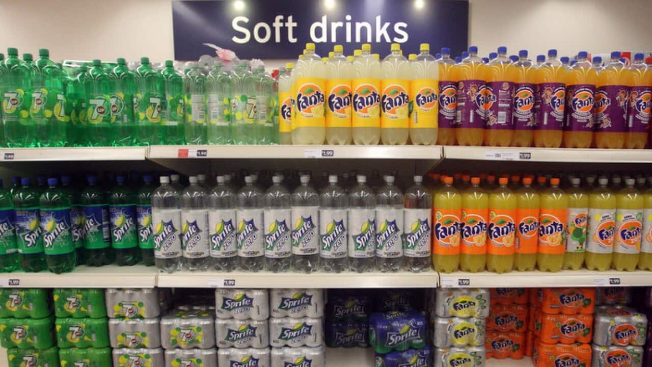 The soft-drink shelves at a supermarket